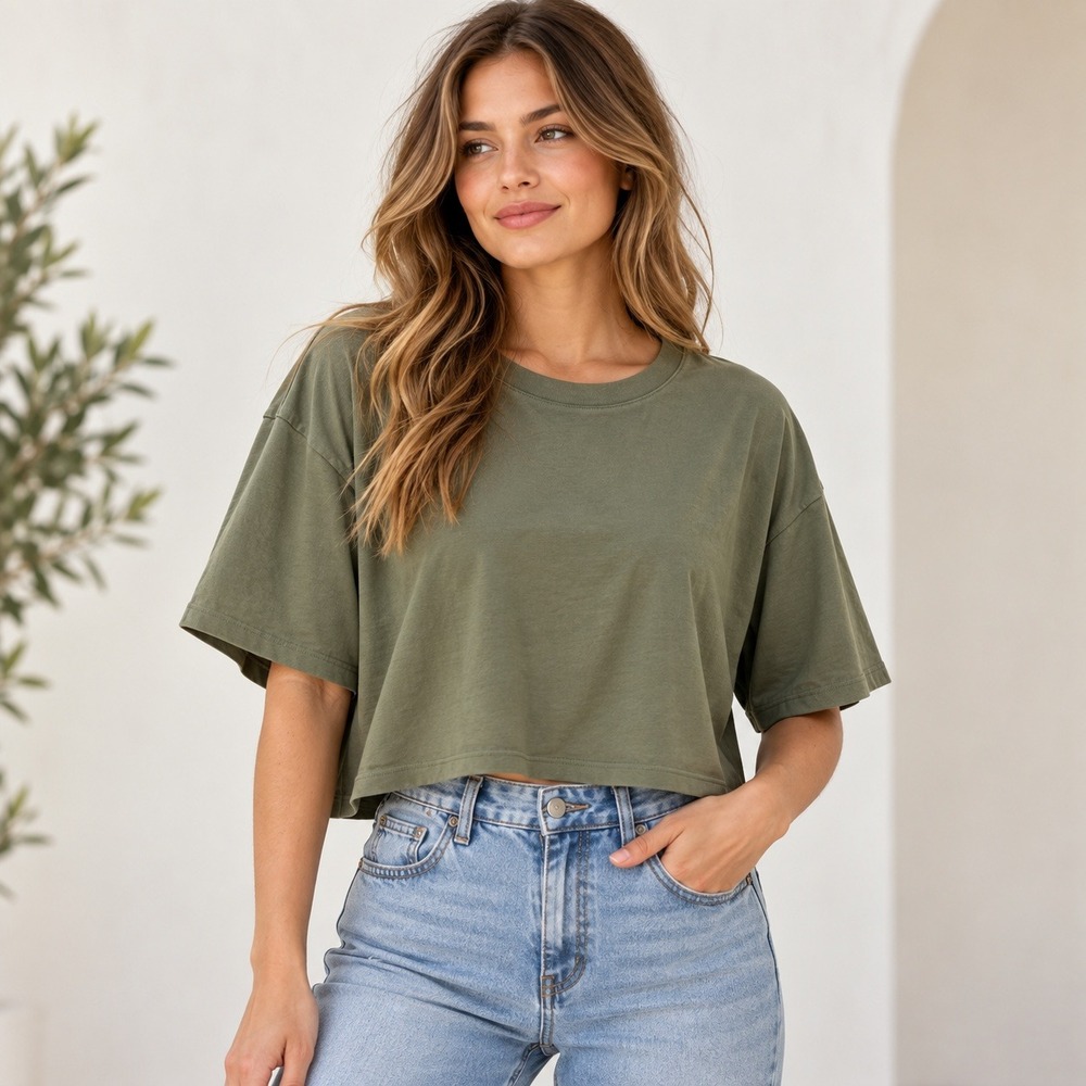 Open Edit Cropped Tee Womens XL Green Olive Short Sleeve Boxy Minimalist Basic